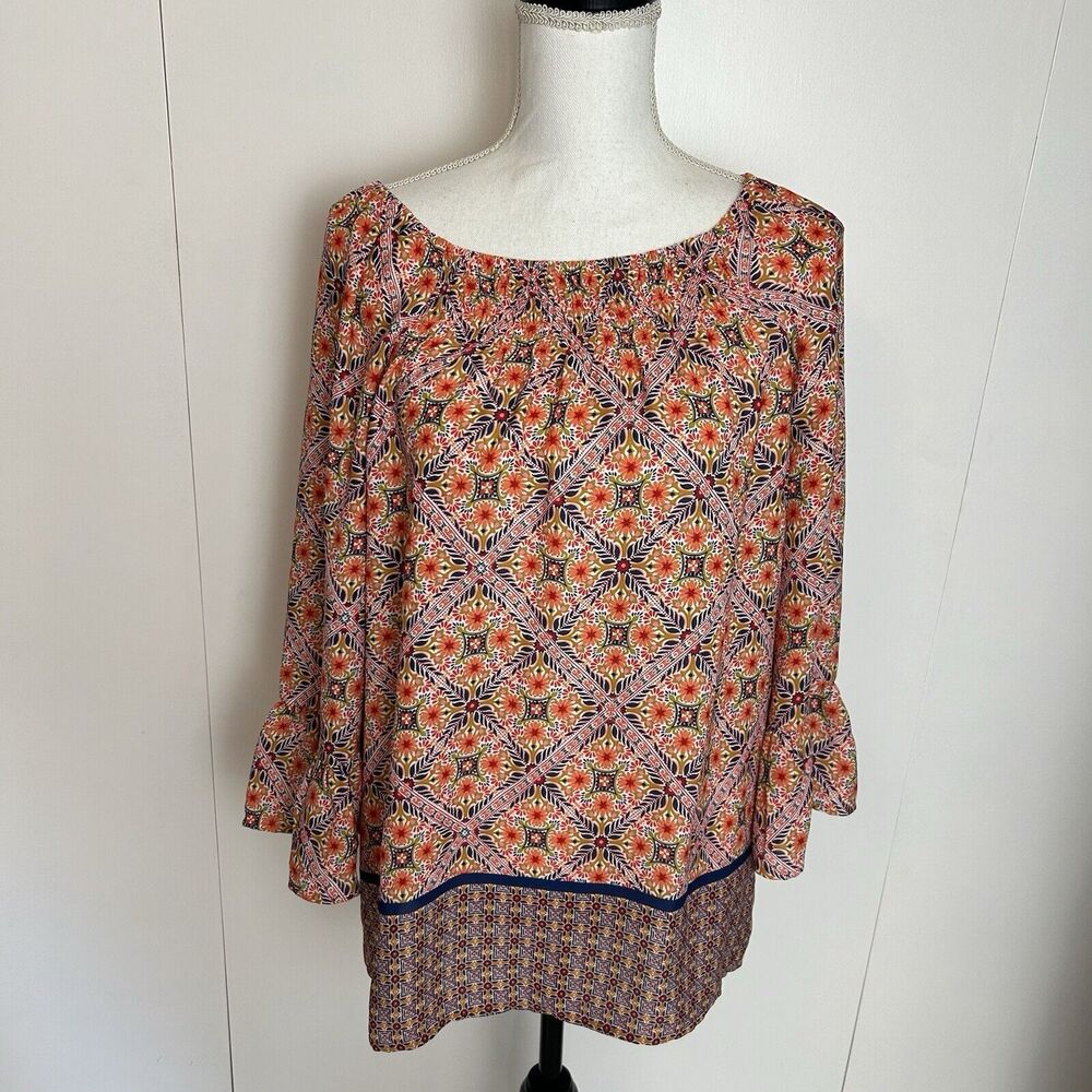 Tacera BOHO Off Shoulder Bell Sleeve Relaxed Fit Blouse Sz M Casual Coastal EUC